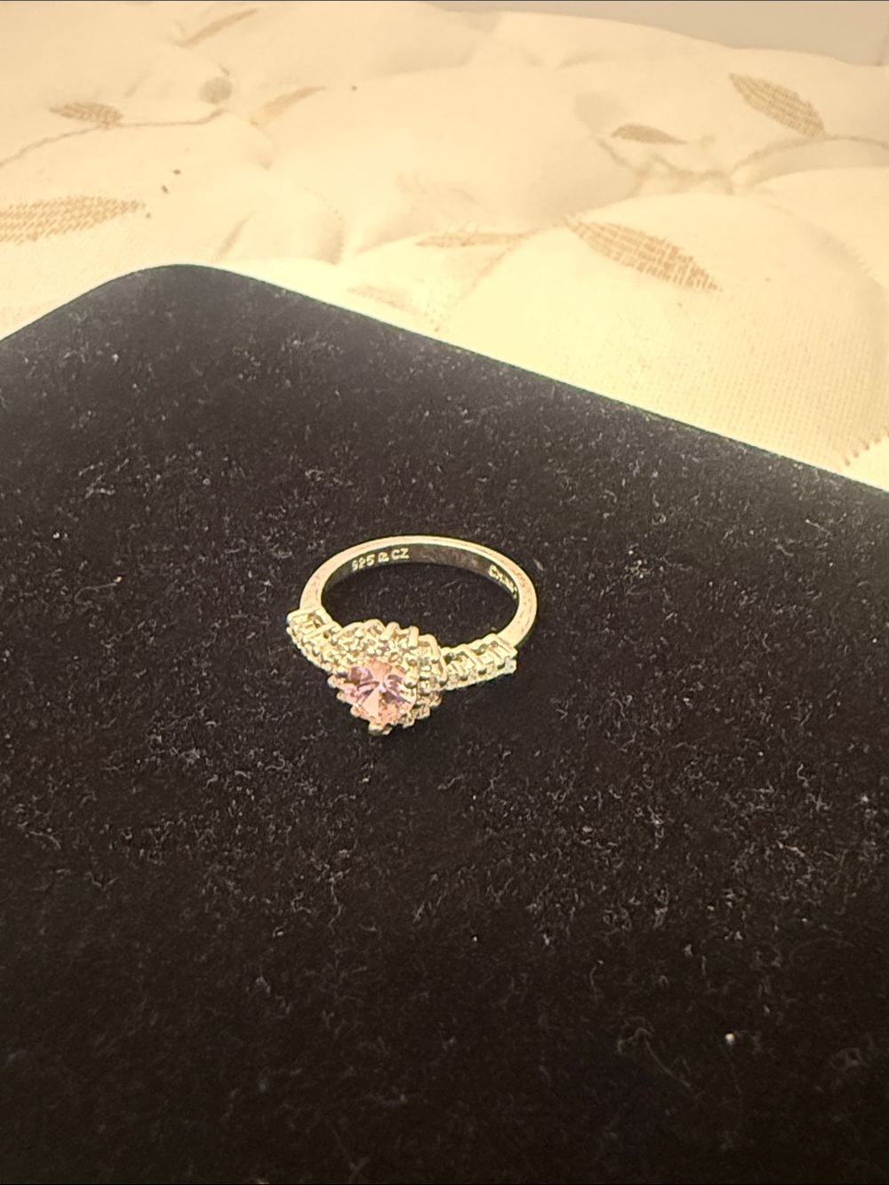 Sterling Silver Pink Heart CZ Ring with Pavé Accents